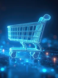supermarket trolly in tech neon colours representing french supermarket cyber attack