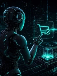 A robot handling an online shopping transaction with a trust check mark in the background.