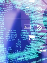 A hand pressing on a lock depiction with icons floating around it against a code background.