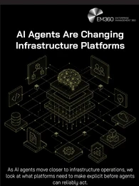 An EM360 header graphic illustrating AI agents becoming integrated into infrastructure operations. A central layered AI system connects to surrounding elements representing code, data, cloud infrastructure, topology, users, security, monitoring, configuration and operational tooling. The accompanying text introduces the need for infrastructure platforms to make operational knowledge explicit before AI agents can reliably act.