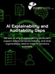 Header graphic illustrating AI auditability as an evidence chain, with a magnifying glass examining interconnected links surrounded by symbols for data, documentation, AI, security, controls and human involvement. Supporting text explains that AI explainability alone can't support enterprise accountability and introduces the need to make AI decisions auditable. The EM360 Enterprise Management 360 logo appears at the top right.