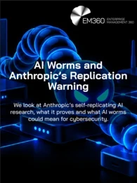 EM360Tech header graphic on a black background, featuring a glowing blue robotic worm crawling across interconnected smart devices and network equipment. White EM360 logo in the top right. Large white headline reads “AI Worms and Anthropic’s Replication Warning”, with the subtitle “We look at Anthropic’s self-replicating AI research, what it proves and what AI worms could mean for cybersecurity.”