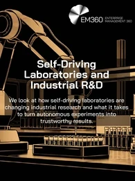 EM360Tech header graphic featuring a beige vector illustration of a robotic arm working with laboratory equipment, test tubes and sample trays against a black background. Large white text reads “Self-Driving Laboratories and Industrial R&D”, with the subtitle “We look at how self-driving laboratories are changing industrial research and what it takes to turn autonomous experiments into trustworthy results.” The white EM360Tech logo appears in the top-right corner.