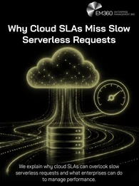 EM360Tech header graphic with a black background, an olive-green cloud connected to five server icons, one featuring an hourglass. Large white title reads &ldquo;Why Cloud SLAs Miss Slow Serverless Requests&rdquo;. Below, white text reads &ldquo;We explain why cloud SLAs can overlook slow serverless requests and what enterprises can do to manage performance.&rdquo; The white EM360 Enterprise Management 360 logo appears in the top-right corner.