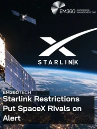 EM360Tech article header showing a large satellite with blue solar panels above Earth's curved horizon, with smaller satellites against a dark, starry sky. The white Starlink logo appears centrally, with the EM360 logo in the upper right. Large white text reads “EM360TECH Starlink Restrictions Put SpaceX Rivals on Alert” over a semi-transparent black panel across the lower half.