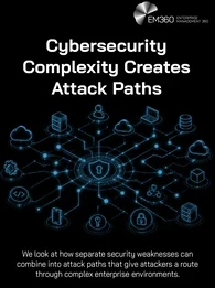 Header graphic showing a network of interconnected enterprise technologies surrounding a central security shield, including cloud services, servers, identities, devices, applications, data and infrastructure. The visual represents how separate security weaknesses can combine through relationships and dependencies to create attack paths across complex enterprise environments. The EM360 Enterprise Management 360 logo appears at the top right.