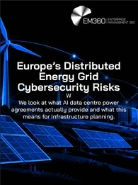 EM360Tech header graphic with a black background and electric-blue wind turbines, solar panels, electricity infrastructure and glowing network connections. Large white headline reads “Europe’s Distributed Energy Grid Cybersecurity Risks”, with a stray “W” beneath it. Below, the subtitle reads “We look at what AI data centre power agreements actually provide and what this means for infrastructure planning.” The white EM360 Enterprise Management 360 logo appears in the top right.