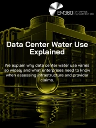 Black EM360Tech header graphic showing an olive data centre with server racks, cooling units and pipes reflected in rippling water, with a large water droplet in front. White text reads “Data Center Water Use Explained” and “We explain why data center water use varies so widely and what enterprises need to know when assessing infrastructure and provider claims.”