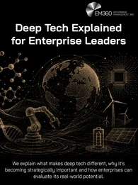 Header graphic titled “Deep Tech Explained for Enterprise Leaders” on a black background. Gold line illustrations combine a connected globe with a DNA strand, industrial robotic arm, microchip, battery, wind turbines and solar panels to represent the scientific, digital, industrial and energy technologies associated with deep tech. Supporting text explains that the article explores what makes deep tech different, its growing strategic importance and how enterprises can evaluate its real-world potential. The