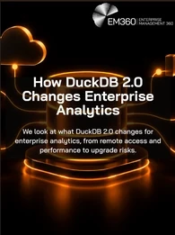 EM360Tech header graphic on a black background with glowing orange (#ff9810) illustrations of a central database, cloud, laptop, documents, data blocks and bar chart, connected by illuminated lines. The white EM360 logo appears at the top right. Large white text reads “How DuckDB 2.0 Changes Enterprise Analytics”, with the subtitle “We look at what DuckDB 2.0 changes for enterprise analytics, from remote access and performance to upgrade risks.”