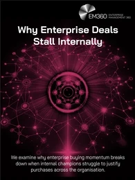 Alt text: EM360 article header titled “Why Enterprise Deals Stall Internally.” A glowing magenta network of interconnected nodes surrounds a central circular hub against a black background, representing the stakeholders and connections involved in enterprise buying decisions. Text reads: “We examine why enterprise buying momentum breaks down when internal champions struggle to justify purchases across the organisation.” EM360 Enterprise Management 360 branding appears at the top right.
