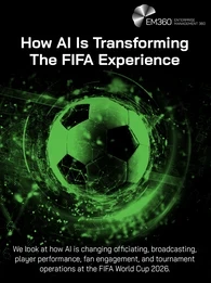 EM360Tech article header graphic titled “How AI Is Transforming The FIFA Experience.” A glowing green digital football sits at the centre of a dark stadium-like environment, surrounded by data points, particles and circular network effects. The subtitle explains that the article looks at how AI is changing officiating, broadcasting, player performance, fan engagement and tournament operations at the FIFA World Cup 2026.