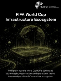 Header graphic depicting a digitally connected football stadium beneath a networked globe, surrounded by icons representing services including security, transport, connectivity, audiences, analytics and media. Text explains how the World Cup brings connected technologies, organisations and operational teams together into a single dependable infrastructure ecosystem. The EM360 Enterprise Management 360 logo appears at the top right.