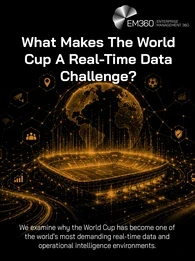 EM360Tech article header graphic titled &ldquo;What Makes The World Cup A Real-Time Data Challenge?&rdquo; featuring a glowing digital football stadium beneath a connected globe, surrounded by network lines and icons representing mobile services, analytics, people, location, security, video, ticketing and transport. Supporting text reads: &ldquo;We examine why the World Cup has become one of the world's most demanding real-time data and operational intelligence environments.&rdquo;