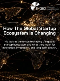 Header graphic titled &ldquo;How the Global Startup Ecosystem Is Changing&rdquo; showing a glowing world map connected by a network of lines and nodes across regions. Supporting text explains that the article examines the forces reshaping the global startup ecosystem and their implications for innovation, investment and long-term growth. The EM360 Enterprise Management 360 logo appears at the top right.