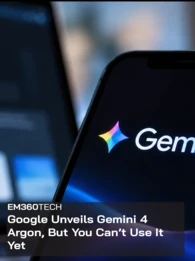 Close-up of a smartphone displaying the colourful Google Gemini logo against a dark blue blurred laptop background, overlaid with the white EM360Tech headline, “Google Unveils Gemini 4 Argon, But You Can’t Use It Yet,” on a translucent black panel.