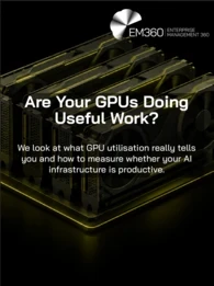 EM360Tech article graphic featuring four black GPUs with olive-yellow highlights and glowing circuit lines against a black background. The white headline reads &ldquo;Are Your GPUs Doing Useful Work?&rdquo; with the subtitle &ldquo;We look at what GPU utilisation really tells you and how to measure whether your AI infrastructure is productive.&rdquo; The white EM360 logo appears in the upper-right corner.
