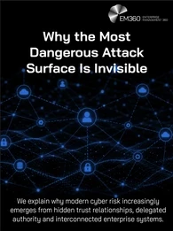 A black EM360 header graphic titled “Why the Most Dangerous Attack Surface Is Invisible”. A dark blue network of interconnected users, cloud services, databases, locks and system components illustrates hidden relationships across an enterprise technology environment. Supporting text explains that modern cyber risk increasingly emerges from hidden trust relationships, delegated authority and interconnected enterprise systems.