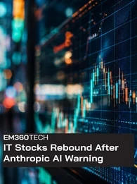 An EM360Tech news graphic showing a close-up financial market display with blue and orange candlestick charts against a blurred city backdrop. Bold text reads “IT Stocks Rebound After Anthropic AI Warning.”