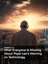 Header graphic showing Pope Leo XIV from behind, standing on a balcony overlooking Rome at sunset. St Peter’s Basilica appears on the left beneath dark storm clouds, while a glowing digital globe made of interconnected data points and network lines fills the right side of the image. The scene contrasts traditional religious authority with modern technology and artificial intelligence, with the article title "What Everyone Is Missing About Pope Leo's Warning on Technology" displayed across the centre.