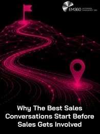 An EM360 header graphic depicting a glowing pink route winding from a starting location marker towards a flag at the top of a digital landscape. The image represents the buyer journey that takes place before direct seller engagement, reinforcing the idea that valuable sales conversations depend on the understanding, context and preferences buyers develop before sales becomes involved.