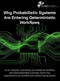 Header graphic titled &ldquo;Probabilistic AI Systems in Deterministic Workflows&rdquo;. Green digital waves pass through and around a central processor, with circuit-like connections extending across a black background. Supporting text explains that probabilistic AI systems require deterministic controls to keep enterprise workflows reliable, governed and safe to scale. The EM360 logo appears at the top.