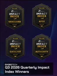 Dark purple and navy gradient background with fine blue curved lines. Four black, grey and gold EM360Tech Q3 2026 Impact Index Winner badges are arranged horizontally across the top, labelled Vanguard, Apex, Catalyst and Authority. Below them, large white text on a dark rectangular panel reads “EM360TECH Q3 2026 Quarterly Impact Index Winners”.