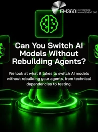 Black background with neon-green AI graphics, including a central robot surrounded by glowing brain, network, document, database, code, security and analytics icons connected by lines and arrows. White EM360Tech logo at the top right. Large white headline reads “Can You Switch AI Models Without Rebuilding Agents?” Below, smaller white text reads “We look at what it takes to switch AI models without rebuilding your agents, from technical dependencies to testing.” A semi-transparent black panel sits behind th