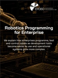 Header graphic for an EM360Tech article titled Robotics Programming for Enterprise. A gold wireframe industrial robotic arm dominates a black background filled with robot control interfaces, programming dashboards, flowcharts and code displays. The subtitle reads: "We explain how enterprises programme, test and control robots as development tools become easier to use and operational systems grow more complex." The EM360Tech logo appears in the top right corner. 