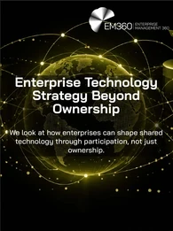 EM360Tech header graphic on a black background, featuring an olive-green digital globe surrounded by glowing interconnected lines and six figures using laptops on circular platforms. The white EM360Tech logo appears in the upper right. Large white text reads “Enterprise Technology Strategy Beyond Ownership”, with the subtitle “We look at how enterprises can shape shared technology through participation, not just ownership.”