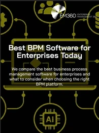 EM360Tech header graphic with a black background and olive-green illustrations of a central laptop displaying a workflow diagram, connected to icons representing automation, employees, databases, cloud systems, coding, AI and documents. Large white text reads “Best BPM Software for Enterprises Today”, with a subtitle explaining the comparison of enterprise BPM software and selection criteria. The white EM360 logo appears in the upper-right corner.