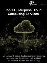 A black-and-olive EM360Tech header graphic showing a large glowing digital cloud made from interconnected network lines above a dotted world map. Connected icons for servers, databases, security, devices, users and global networking appear across the map. White text reads: &ldquo;Top 10 Cloud Computing Services for Enterprises&rdquo; and &ldquo;We compare 10 leading cloud computing services to help enterprises find the right fit for their workloads, infrastructure, AI needs and cloud strategy.&rdquo; The EM360 Enterprise Managemen