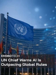 UN headquarters building with a United Nations flag in the foreground and a glowing digital AI network visualisation overlaid against a blue background, illustrating global concerns about artificial intelligence governance and regulation. Visible text reads: "EM360TECH UN Chief Warns AI Is Outpacing Global Rules". 