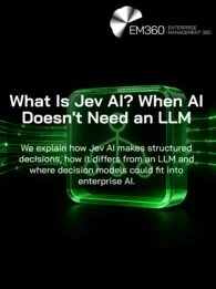 Black EM360Tech header graphic with neon green AI decision-routing artwork showing data flowing into a central decision model and branching into three outcomes. White text reads: “What Is Jev AI? When AI Doesn't Need an LLM” with the article subtitle below.