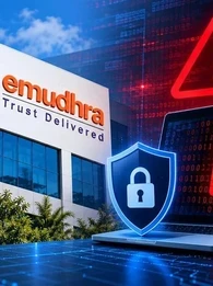 The eMudhra logo and slogan on the side of a building with a laptop showing a compromised lock.