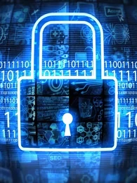 An animated lock in vibrant blue in front of a binary code background.