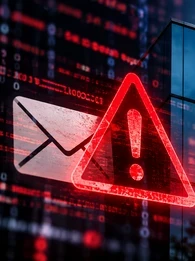 Fortinet logo on the side of a building alongside a bright red warning sign and online mail envelope.