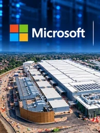 A composite image of the Microsoft and Nscale logo alongside a data centre construction site.