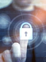 Man in a suit presses on an animated lock.