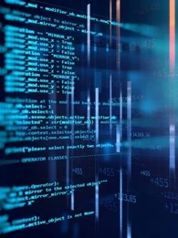 Close-up of HTML code on a computer screen with a blue background.