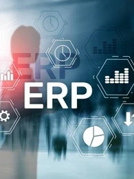 A silhouette against a blue background with "ERP" letters and multiple icons in white.
