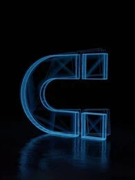 A neon blue illuminated magnet on a black background.