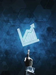 Hand holding up an animated graph against a honeycomb background.