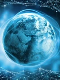 Graphic of the world in blue with a light blue aura around it 