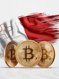 Malta flag with three Bitcoin gold coins in front of the flag