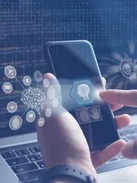 Person using a smartphone with various AI symbols