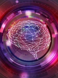 red and pink lens focusing on a line sketch of a brain