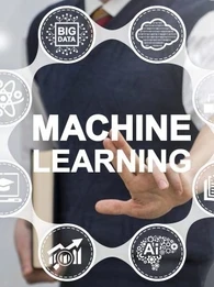 Man standing in front of a graphic depicting machine learning elements.
