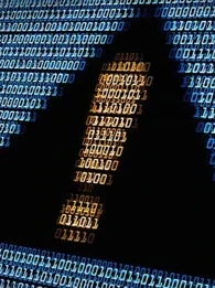 Binary code creating an image of an exclamation mark creating a warning sign