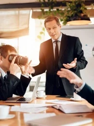Virtual reality headset displaying an immersive business communication environment.